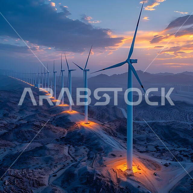 The concept of using environmentally friendly renewable energies, sustainable development with alternative energy in the Kingdom of Saudi Arabia, wind turbine fields and windmills amidst golden sand in desert areas.