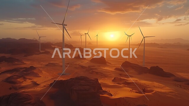 Fields of wind turbines and windmills amidst golden sand in desert areas, the concept of using environmentally friendly renewable energies, sustainable development with alternative energy in the Kingdom of Saudi Arabia.