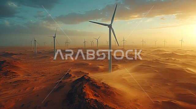 حقول توربينات الرياح وطواحين الهواء وسط الرمال الذهبية في المناطق الصحرواية، مفهوم استخدام الطاقات المتجددة صديقة البيئة، التنمية المستدامة بالطاقة البديلة في المملكة العربية السعودية
