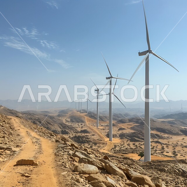 Sustainable development with alternative energy in the Kingdom of Saudi Arabia, fields of wind turbines and windmills amidst golden sand in desert areas, the concept of using environmentally friendly renewable energies