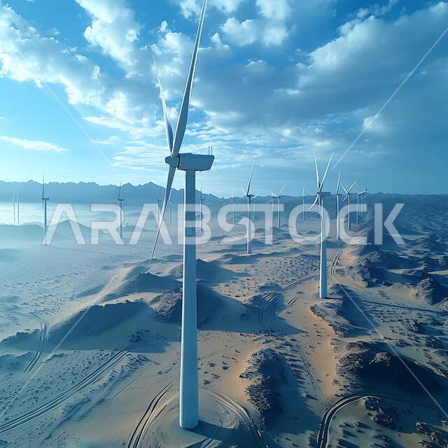مفهوم استخدام الطاقات المتجددة صديقة البيئة، التنمية المستدامة بالطاقة البديلة في المملكة العربية السعودية، حقول توربينات الرياح وطواحين الهواء وسط الرمال الذهبية في المناطق الصحرواية