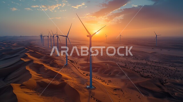 حقول توربينات الرياح وطواحين الهواء وسط الرمال الذهبية في المناطق الصحرواية، مفهوم استخدام الطاقات المتجددة صديقة البيئة، التنمية المستدامة بالطاقة البديلة في المملكة العربية السعودية