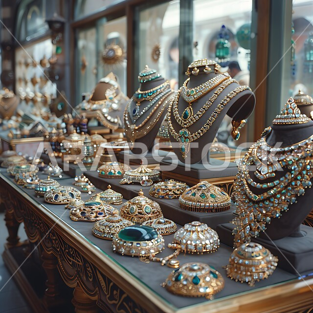 معروضات من الذهب والفضة المرصعين بالألماس والأحجار الكريمة، أسواق الصاغة في المملكة العربية السعودية، المجوهرات والحلي النسائية الفاخرة