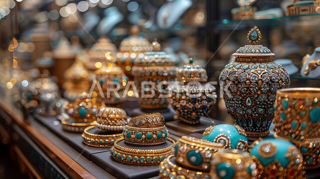 معروضات من الذهب والفضة المرصعين بالألماس والأحجار الكريمة، أسواق الصاغة في المملكة العربية السعودية، المجوهرات والحلي النسائية الفاخرة