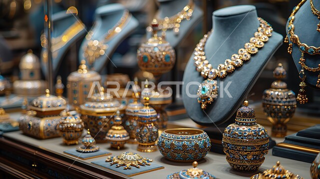 معروضات من الذهب والفضة المرصعين بالألماس والأحجار الكريمة، أسواق الصاغة في المملكة العربية السعودية، المجوهرات والحلي النسائية الفاخرة