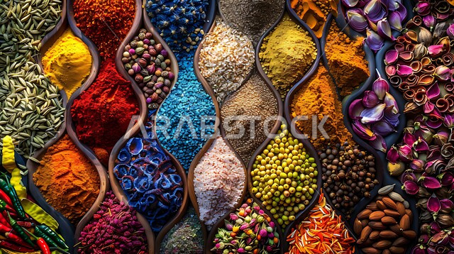 عرض حيوي وملون للتوابل والأعشاب السعودية التقليدية، مرتبة في نقوش وأنماط معقدة ومتنوعة.