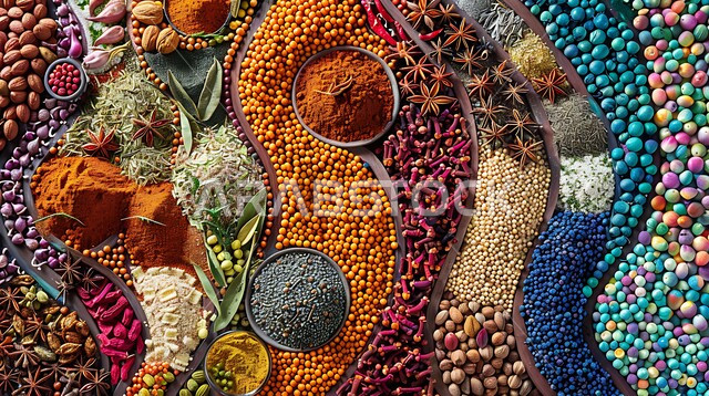  نباتات ذات فوائد صحية وعلاجية، منتجات ومحاصيل زراعية وطنية محلية سعودية، الاسواق التقليدية الشعبية لبيع البهارات والعطريات، منظر لعرض التوابل الملونة والمتنوعة، منكهات وملونات طبيعية للمأكولات والأطعمة