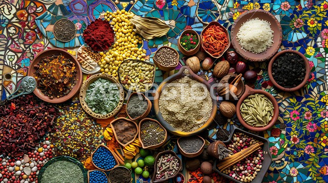  الاسواق التقليدية الشعبية لبيع البهارات والعطريات، منظر لعرض التوابل الملونة والمتنوعة، منكهات وملونات طبيعية للمأكولات والأطعمة, نباتات ذات فوائد صحية وعلاجية، منتجات ومحاصيل زراعية وطنية محلية سعودية