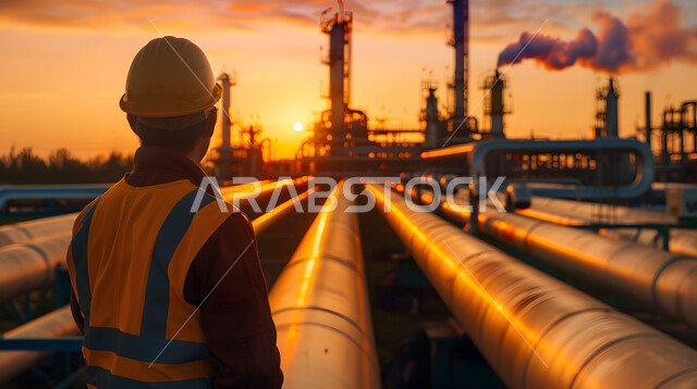 Following up on the progress of work in factories, the concept of gas production in the Kingdom of Saudi Arabia, Saudi jobs and professions, a close-up photo from the back of a Saudi Gulf Arab engineer wearing a helmet and a protective vest standing between pipelines at sunset, the background of an oil refining factory