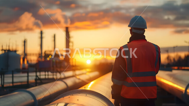  مراقبة سير الاعمال في المصانع ، مفهوم إنتاجية الغاز في المملكة العربية السعودية, وظائف ومهن سعودية، صورة مقربة من الخلف لمهندس عربي خليجي سعودي يرتدي الخوذة وسترة الحماية يقف بين خطوط الأنابيب وقت غروب الشمس، خلفية مصنع تكرير النفط