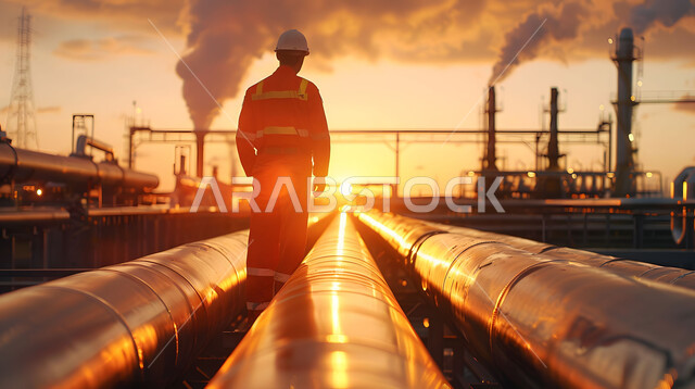  إنتاجية الغاز في المملكة العربية السعودية,  مراقبة سير الاعمال في المصانع ، وظائف ومهن سعودية، صورة مقربة من الخلف لمهندس عربي خليجي سعودي يرتدي الخوذة وسترة الحماية يقف بين خطوط الأنابيب وقت غروب الشمس، خلفية مصنع تكرير النفط