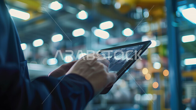 Adopting modern techniques and technology in engineering, quality production and manufacturing and achieving the industrial revolution, a close-up of the hands of a Saudi-Gulf Arab engineer wearing a safety vest following the progress of the factory’s work using a tablet, Saudi professions and jobs