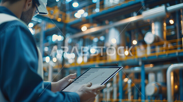 اعتماد التقنيات والتكنولوجيا الحديثة في الهندسة، جودة الانتاج والتصنيع وتحقيق الثورة الصناعية, صورة مقربة لأيدي مهندس عربي سعودي خليجي يرتدي سترة السلامة يتابع سير أعمال المصنع بإستخدام جهاز التابلت، مهن ووظائف سعودية