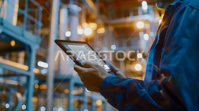 Adopting modern techniques and technology in engineering, quality production and manufacturing and achieving the industrial revolution, a close-up of the hands of a Saudi-Gulf Arab engineer wearing a safety vest following the progress of the factory’s work using a tablet, Saudi professions and jobs