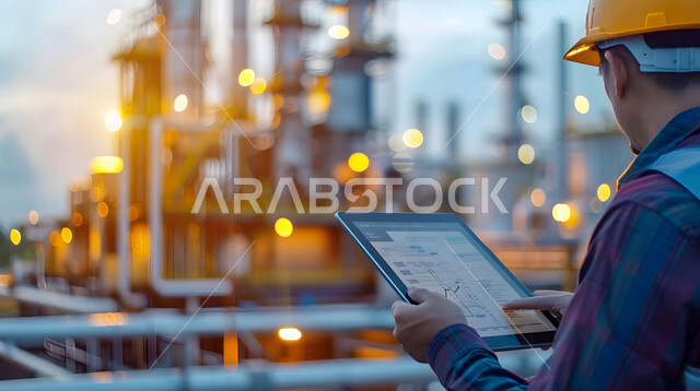 اعتماد التقنيات والتكنولوجيا الحديثة في الهندسة، جودة الانتاج والتصنيع وتحقيق الثورة الصناعية, صورة مقربة لأيدي مهندس عربي سعودي خليجي يرتدي سترة السلامة يتابع سير أعمال المصنع بإستخدام جهاز التابلت، مهن ووظائف سعودية