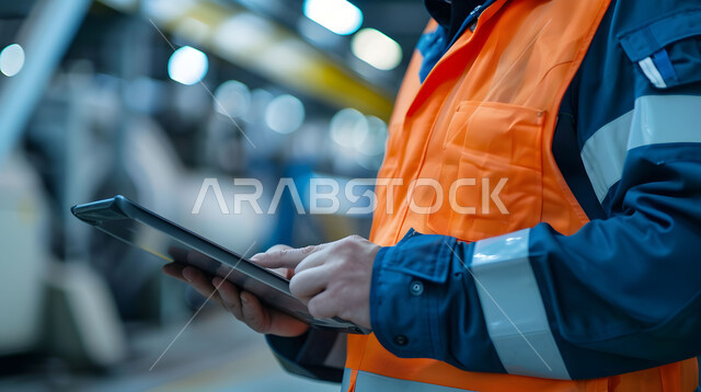 اعتماد التقنيات والتكنولوجيا الحديثة في الهندسة، جودة الانتاج والتصنيع وتحقيق الثورة الصناعية, صورة مقربة لأيدي مهندس عربي سعودي خليجي يرتدي سترة السلامة يتابع سير أعمال المصنع بإستخدام جهاز التابلت، مهن ووظائف سعودية