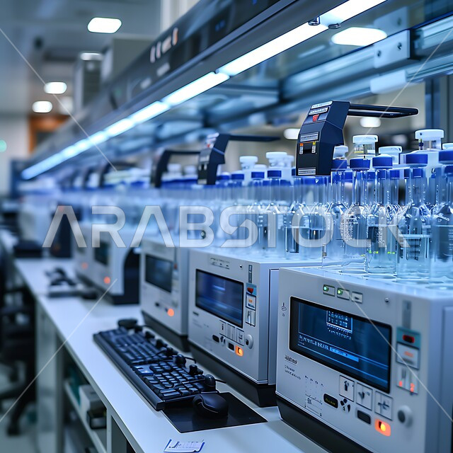 مركز أبحاث سعودي عصري في المملكة العربية السعودية، تقدم التكنولوجيا الحيوية في المختبرات العلمية, الطب والرعاية الصحيه, صورة مقربة للأجهزة الحديثة المتطورة في مخبر الأبحاث الطبية، مفهوم البحث والتطوير العلمي للعينات