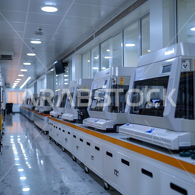 مركز أبحاث سعودي عصري في المملكة العربية السعودية، تقدم التكنولوجيا الحيوية في المختبرات العلمية, الطب والرعاية الصحيه, صورة مقربة للأجهزة الحديثة المتطورة في مخبر الأبحاث الطبية، مفهوم البحث والتطوير العلمي للعينات