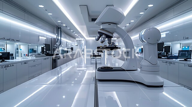 مركز أبحاث سعودي عصري في المملكة العربية السعودية، تقدم التكنولوجيا الحيوية في المختبرات العلمية, الطب والرعاية الصحيه, صورة مقربة للأجهزة الحديثة المتطورة في مخبر الأبحاث الطبية، مفهوم البحث والتطوير العلمي للعينات