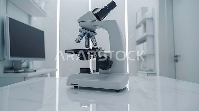مركز أبحاث سعودي عصري في المملكة العربية السعودية، تقدم التكنولوجيا الحيوية في المختبرات العلمية, الطب والرعاية الصحيه, صورة مقربة للأجهزة الحديثة المتطورة في مخبر الأبحاث الطبية، مفهوم البحث والتطوير العلمي للعينات