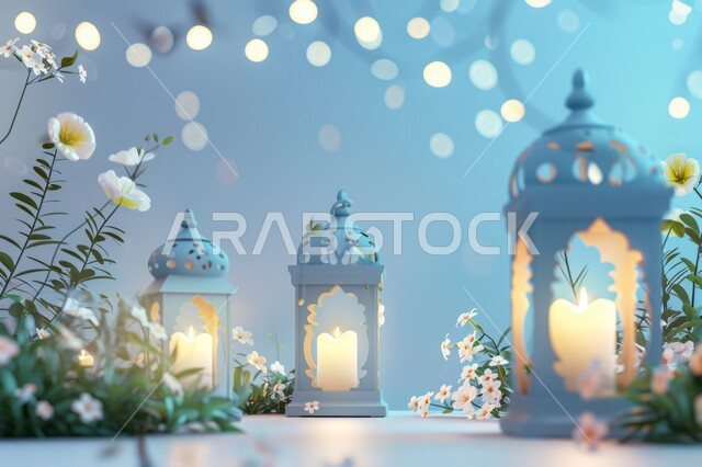 ديكورات وأنوار في الأجواء الرمضانية الروحانية، رسم توضيحي ثلاثي ابعاد لفوانيس معدنية مزخرفة مضيئة، تحف اسلامية تقليدية للاحتفال بقدوم شهر الخير، الفن الاسلامي للتحف والاكسسوارات، إضاءة وزينة شهر رمضان المبارك