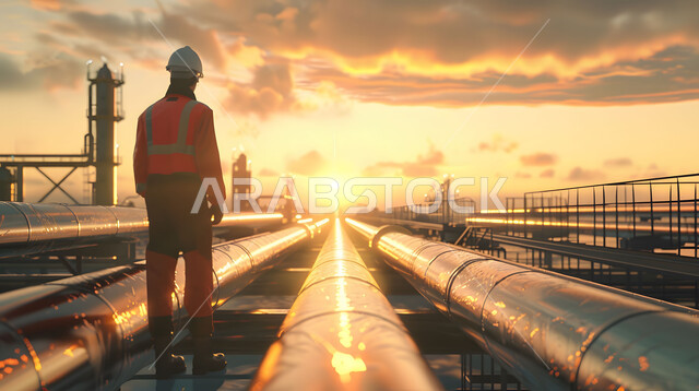  إنتاجية الغاز في المملكة العربية السعودية,  مراقبة سير الاعمال في المصانع ، وظائف ومهن سعودية، صورة مقربة من الخلف لمهندس عربي خليجي سعودي يرتدي الخوذة وسترة الحماية يقف بين خطوط الأنابيب وقت غروب الشمس، خلفية مصنع تكرير النفط