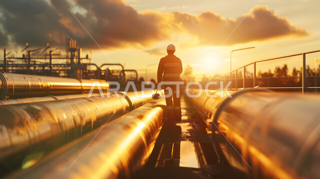  مراقبة سير الاعمال في المصانع ، مفهوم إنتاجية الغاز في المملكة العربية السعودية, وظائف ومهن سعودية، صورة مقربة من الخلف لمهندس عربي خليجي سعودي يرتدي الخوذة وسترة الحماية يقف بين خطوط الأنابيب وقت غروب الشمس، خلفية مصنع تكرير النفط