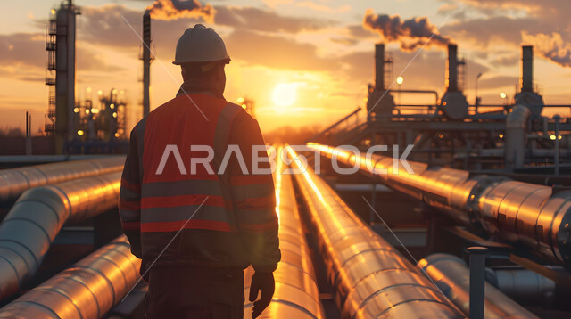  متابعة سير الاعمال في المصانع ، مفهوم إنتاجية الغاز في المملكة العربية السعودية, وظائف ومهن سعودية، صورة مقربة من الخلف لمهندس عربي خليجي سعودي يرتدي الخوذة وسترة الحماية يقف بين خطوط الأنابيب وقت غروب الشمس، خلفية مصنع تكرير النفط