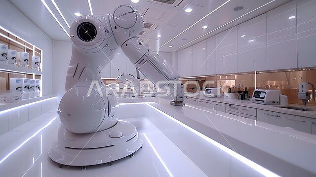 ابتكار الروبوتات العصرية, مركز أبحاث سعودي عصري في المملكة العربية السعودية، تقدم التكنولوجيا في المختبرات العلمية, صورة مقربة لأجزاء روبوت في مخبر عرض التقنيات الروبوتية المتطورة، مفهوم البحث والتطوير العلمي