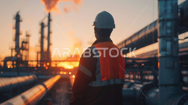  متابعة سير الاعمال في المصانع ، مفهوم إنتاجية الغاز في المملكة العربية السعودية, وظائف ومهن سعودية، صورة مقربة من الخلف لمهندس عربي خليجي سعودي يرتدي الخوذة وسترة الحماية يقف بين خطوط الأنابيب وقت غروب الشمس، خلفية مصنع تكرير النفط