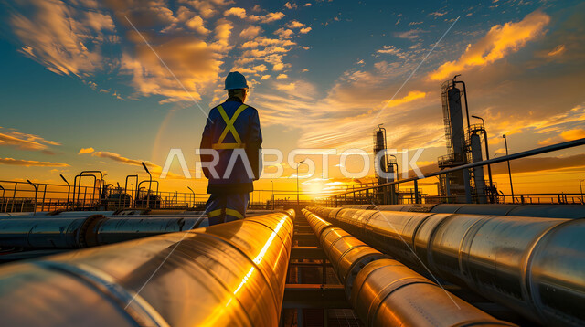  مراقبة سير الاعمال في المصانع ، مفهوم إنتاجية الغاز في المملكة العربية السعودية, وظائف ومهن سعودية، صورة مقربة من الخلف لمهندس عربي خليجي سعودي يرتدي الخوذة وسترة الحماية يقف بين خطوط الأنابيب وقت غروب الشمس، خلفية مصنع تكرير النفط