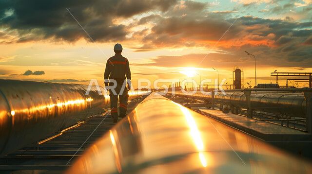  متابعة سير الاعمال في المصانع ، مفهوم إنتاجية الغاز في المملكة العربية السعودية, وظائف ومهن سعودية، صورة مقربة من الخلف لمهندس عربي خليجي سعودي يرتدي الخوذة وسترة الحماية يقف بين خطوط الأنابيب وقت غروب الشمس، خلفية مصنع تكرير النفط