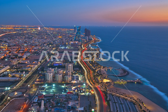 تصوير من الأعلى لمدينة جدة في المملكة العربية السعودية , صورة إبداعية , إطلالة رائعة وجميلة لمدينة جدة , جمال المناظر والبنية التحتية بالسعودية , مناظر خلابة , تصوير فوتوغرافي جوي