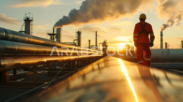 متابعة سير الاعمال في المصانع ، مفهوم إنتاجية الغاز في المملكة العربية السعودية, وظائف ومهن سعودية، صورة مقربة من الخلف لمهندس عربي خليجي سعودي يرتدي الخوذة وسترة الحماية يقف بين خطوط الأنابيب وقت غروب الشمس، خلفية مصنع تكرير النفط