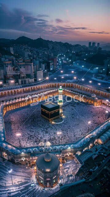 معالم دينية إسلامية، العبادة والتقرب إلى الله، موسم الحج 2024، الحجاج المسلمين يقومون بالطواف حول الكعبة المشرفة في وقت الليل، الحرم المكي الشريف في مكة المكرمة بالمملكة العربية السعودية، فضل العمرة في شهر رمضان المبارك