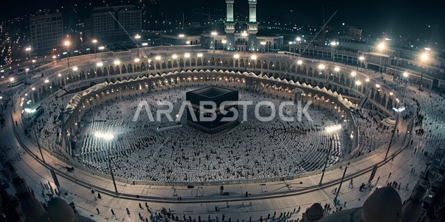 معالم وأماكن دينية إسلامية، فضل العمرة في شهر رمضان المبارك، الحرم المكي الشريف في مكة المكرمة بالمملكة العربية السعودية، الحجاج المسلمين يقومون بالطواف حول الكعبة المشرفة في وقت الليل، موسم الحج 2024، العبادة والتقرب إلى الله