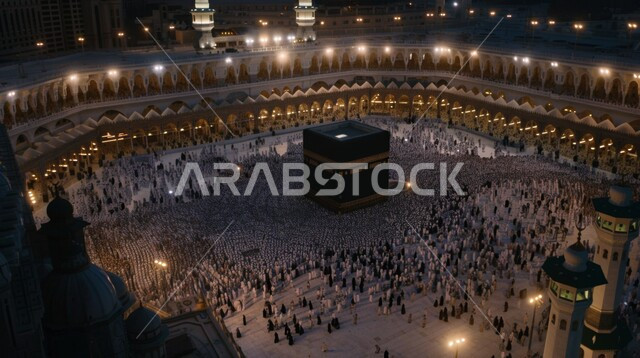 الحجاج المسلمين يقومون بالطواف حول الكعبة المشرفة في وقت الليل، موسم الحج 2024، العبادة والتقرب إلى الله، معالم وأماكن دينية إسلامية، فضل العمرة في شهر رمضان المبارك، الحرم المكي الشريف في مكة المكرمة بالمملكة العربية السعودية