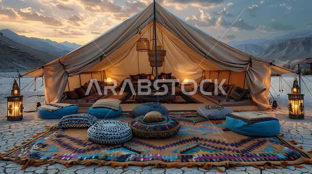 خيمة بدوية شعبية مضاءة بالفوانيس المعدنية وسط الصحراء، التضاريس والرمال الذهبية الناعمة، كشتة و جلسة بر شبابية، التخييم في صحاري المملكة العربية السعودية, مخيمات سياحية في المناطق البرية