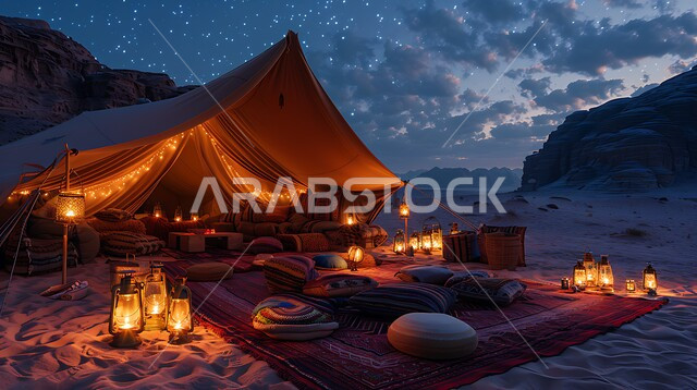 كشتة و جلسة بر شبابية، خيمة بدوية شعبية مضاءة بالفوانيس المعدنية وسط الصحراء، التضاريس والرمال الذهبية الناعمة في وقت الليل، التخييم في صحاري المملكة العربية السعودية, مخيمات سياحية في المناطق البرية، منظر السماء اللمعة بالنجوم
