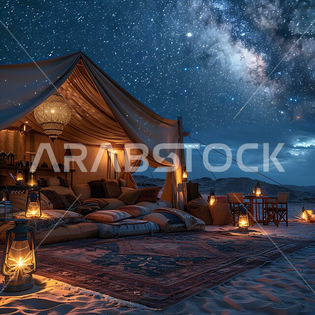 كشتة و جلسة بر شبابية، خيمة بدوية شعبية مضاءة بالفوانيس المعدنية وسط الصحراء، التضاريس والرمال الذهبية الناعمة في وقت الليل، التخييم في صحاري المملكة العربية السعودية, مخيمات سياحية في المناطق البرية، منظر السماء اللمعة بالنجوم