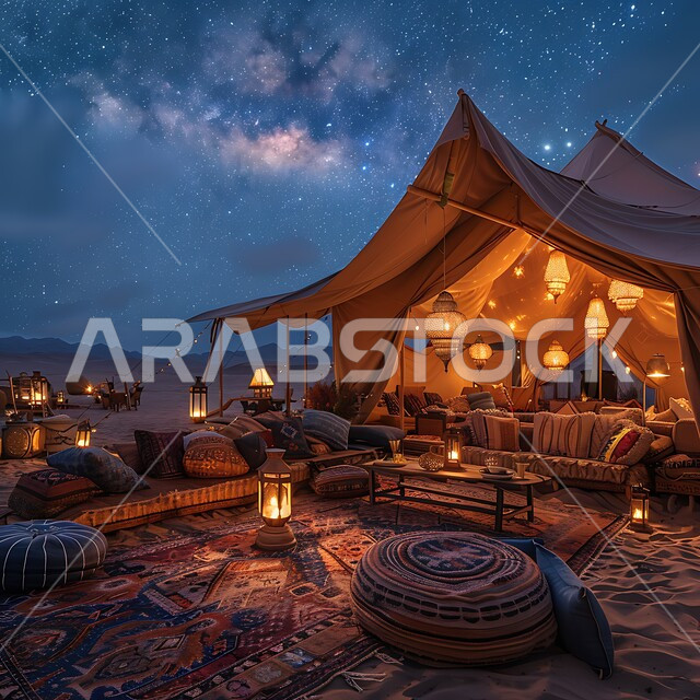 كشتة و جلسة بر شبابية، خيمة بدوية شعبية مضاءة بالفوانيس المعدنية وسط الصحراء، التضاريس والرمال الذهبية الناعمة في وقت الليل، التخييم في صحاري المملكة العربية السعودية, مخيمات سياحية في المناطق البرية، منظر السماء اللمعة بالنجوم