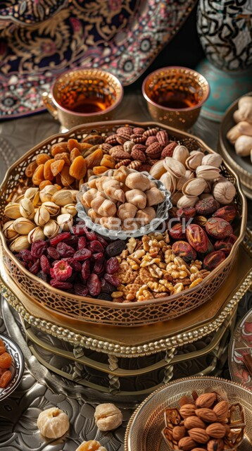 Delicious healthy dates and nuts, dishes full of dates, dried fruits and fresh almonds, Ramadan hospitality and delicious hot drinks, healthy and beneficial food, a highly important nutritional meal, local Saudi national agricultural products and crops.