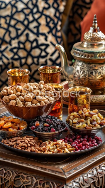 Delicious healthy nuts and dates, dishes full of dates, dried fruits and fresh almonds, Ramadan hospitality and delicious hot drinks, healthy and beneficial food, a highly important nutritional meal, local Saudi national agricultural products and crops.