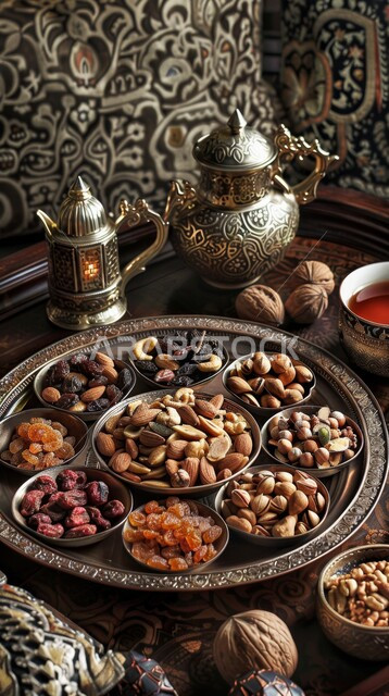 ضيافة رمضانية ومشروبات ساخنة شهية، مكسرات وتمور صحية لذيذة، أطباق مليئة بالتمر والفواكه المجففة واللوز الطازجة، غذاء صحي ومفيد، وجبة غذائية عالية الأهمية، منتجات ومحاصيل زراعية محلية سعودية وطنية