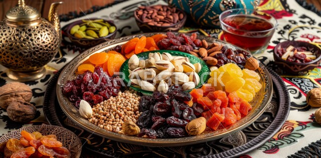 منتجات ومحاصيل زراعية محلية سعودية وطنية، وجبة غذائية عالية الأهمية، غذاء صحي ومفيد، مشروبات ساخنة وضيافة رمضانية شهية، مكسرات وتمور صحية لذيذة، أطباق مليئة بالتمر والفواكه المجففة واللوز الطازجة