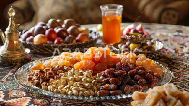 محاصيل زراعية ومنتجات محلية سعودية وطنية، وجبة غذائية عالية الأهمية، غذاء صحي ومفيد، مشروبات ساخنة وضيافة رمضانية شهية، مكسرات وتمور صحية لذيذة، أطباق مليئة بالتمر والفواكه المجففة واللوز الطازجة