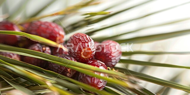 موسم القطاف و الحصاد، الاهتمام بالنباتات و الاشجار الخضراء المثمرة, محاصيل و منتجات زراعيه محلية وطنية ,محمية طبيعية لزراعة أشجار النخيل في المملكة العربية السعودية، صورة مقربة لعنقود من حبات الرطب الطازج