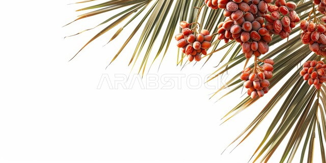 محمية طبيعية لزراعة أشجار النخيل في المملكة العربية السعودية، الاهتمام بالنباتات و الاشجار الخضراء المثمرة, موسم القطاف و الحصاد، محاصيل و منتجات زراعيه محلية وطنية ,صورة مقربة لعنقود من حبات الرطب الطازج، خلفية بيضاء