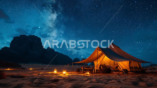  منظر السماء اللمعة بالنجوم، كشتة و جلسة بر شبابية، خيمة بدوية شعبية مضاءة بالفوانيس المعدنية وسط الصحراء، التضاريس والرمال الذهبية الناعمة في وقت الليل، التخييم في صحاري المملكة العربية السعودية, مخيمات سياحية في المناطق البرية