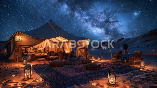 The terrain and soft golden sand at night time, camping in the deserts of the Kingdom of Saudi Arabia, tourist camps in the wild areas, a view of the sky shining with stars, Kashta and a youthful wilderness session, a popular Bedouin tent illuminated by metal lanterns in the middle of the desert.